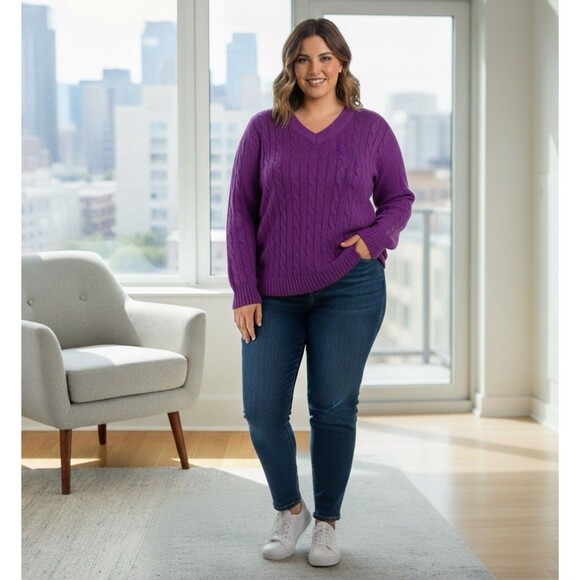 Jones New York Signature Plus Sz 3X 100% Cotton Purple Cable Knit V Neck Sweater - Picture 1 of 6